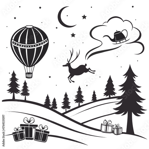 Whimsical winter night scene with hot air balloon and reindeer