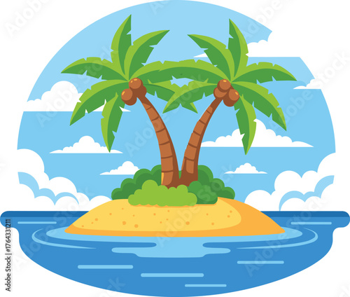 Tropical Island Escape with Palm Trees in a Turquoise Ocean: Vacation Paradise Illustration for Travel Industry, Ecotourism Promotion & Summer Getaway Presentation, Clean Vector Graphics, Ideal for We