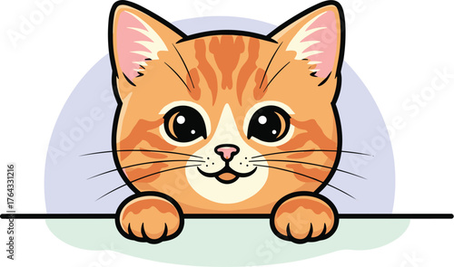 Cute Cartoon Orange Tabby Kitten Peeking Over Edge with Paws, Cheerful Character Illustration for Children's Designs, Animated Graphics, Mascot Creation, Pet Product Marketing, Veterinary Service Prom