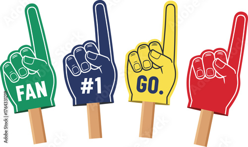 Colorful Foam Fingers Cheering for Team Support on White Backdrop: Sports Fan Enthusiasm, Number One, Go Team! Hand Gestures for Victory, Isolated on White for Marketing, Advertising, Presentation, Ma