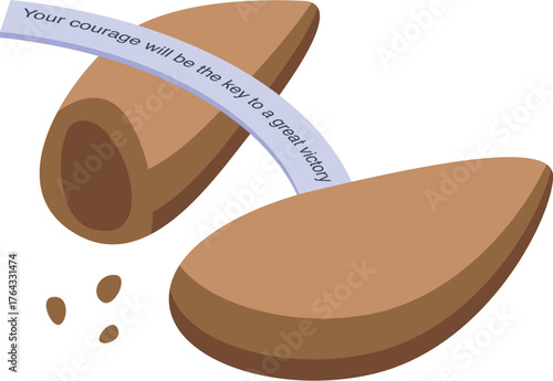 Open fortune cookie reveals a positive message, promising a great victory through courage