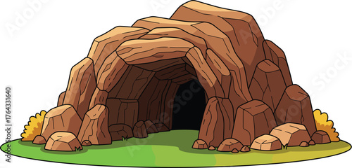 Cartoon Stone Cave Entrance with Green Grass Base and Bush, Vector Illustration for Adventure, Fantasy and Prehistoric Themes in Kid-Friendly Style, Ideal for Game Assets, Print and Digital Media, Sto