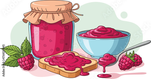 Delicious Raspberry Jam Still Life Illustration with Fresh Berries and Toast for Breakfast, Brunch, or Dessert - Sweet Homemade Preserve in a Jar and Bowl for Food Blog, Recipe, and Culinary Arts Cont