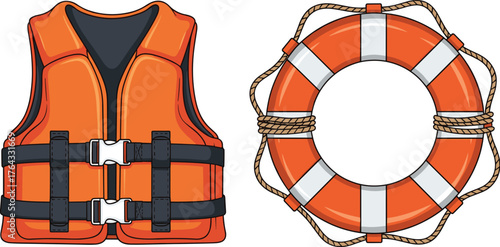 Orange Life Vest and Lifebuoy Floating for Water Safety, Nautical Rescue Equipment on White Background, Cartoon Style Illustration for Seafaring, Maritime, Boating, Presentation, Safety Manuals, Graph