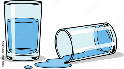 Spilled Water Glass Cartoon Illustration: Refreshment Accident in Kitchen Setting for Hydration Concept, Depicting Liquid Spill, Failure, Loss, and Domestic Mess in Digital Art Style for Creative Proj
