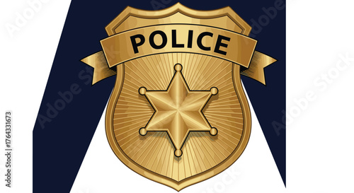 Golden Police Badge Emblem Depicting Law and Order, Protection Services Symbol on Dark Blue Backdrop, Heroic Security in Government, Frontline Safety, Trustworthy Service, Crime Prevention Icon, Justi