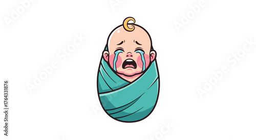Crying Baby Swaddled in Teal Blanket Illustration: Expressing Newborn Emotions, Sadness, and Vulnerability in a Minimalist Style Cartoon for Healthcare and Parenting Resources, Infographics, and Child