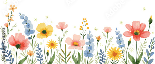 Summer banner with colorful wildflowers and abstract green plants, isolated watercolor illustration for card, border, wallpaper, poster or template yo