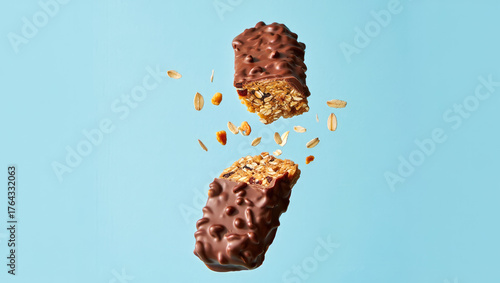 protein bar broken in half levitation. crunchy granola bar floating in mid-air with scattered oat flakes and nuts. Healthy snack muesli bar with chocolate flying on blue backdrop. cereal bar snack