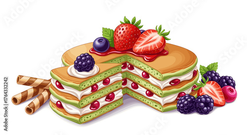 Delicious Berry Cake Slice Display: Tempting layered green sponge cake dessert presentation with fresh strawberries, blueberries, and blackberries.  Pastry Perfection for celebrating bakery moments,