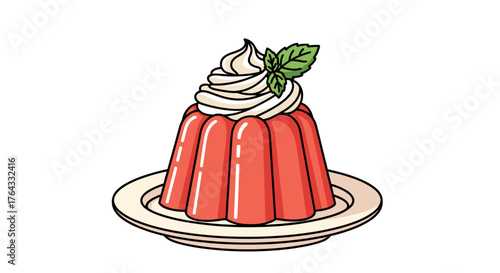 Delightful Red Jello Dessert, Garnished with Whipped Cream & Mint, Resting on a Plate:  A Sweet Treat for Celebrations, Perfect for Food Presentations, Recipe Illustrations, or Retro Themed Designs. O