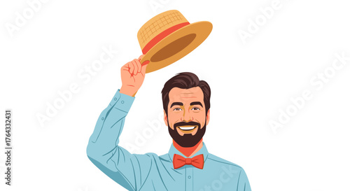Smiling Gentleman Tipping Straw Hat in Greeting - Cheerful Man Saluting, Wearing Bowtie and Collared Shirt in Polite Manner, Ideal for Greetings, Business, Marketing, or Lifestyle Project, Vector Illu