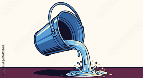 Blue Bucket Tipping and Pouring Water on a Maroon Surface Creating a Splash with Sparkling Particles, Cartoon Style Illustration for Cleaning Concepts and Water Conservation Campaigns (198/200)