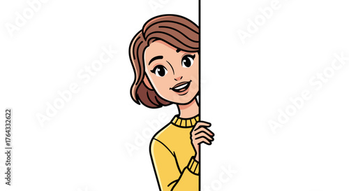 Smiling Woman Peeking Around a White Board Offering Information and Assistance in a Friendly Manner for Business Presentations or Educational Material, Delivering a Positive Message in Corporate Commu