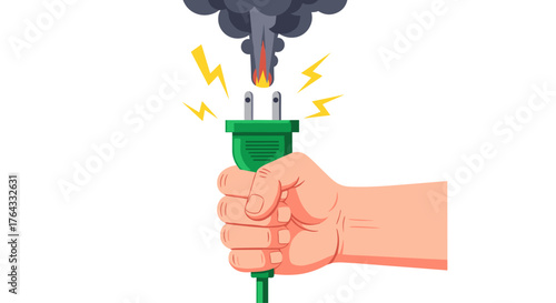 Hand Holding a Malfunctioning Electrical Plug with Flames and Smoke, Indicating Danger and Electrical Fault in a Home Setting. Symbolizing Power Problems, and Fire Hazard, Ideal for Safety Presentatio