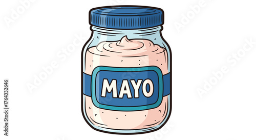 Cartoon Mayonnaise Jar Isolated, Condiment Illustration for Culinary Projects, Food Service, Retail, Grocery Advertising, Realistic Drawing, Creamy Texture, Sandwich, Sauce, Spread, Recipe, Blue Lid,
