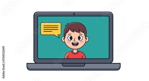 Cartoon Boy Teleconferencing on a Laptop for Online Education & Virtual Communication with a Speech Bubble, Illustrating Modern Technology in a Digital Age Setting for Remote Learning, Business Presen