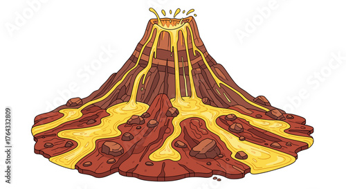 Cartoon Volcano Erupting with Molten Lava Flowing Down, Educational Illustration for Geology Concepts, Science Teaching Resource, Environmental Study, Geothermal Activity, Geography Lesson, Earth Scie