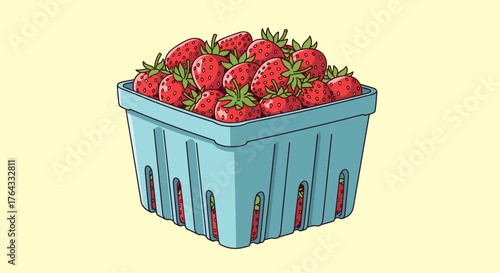 Fresh Strawberries Bursting from a Blue Berry Basket:  A Colorful Illustration Depicting Summer's Harvest in a Creamy-Colored Setting, Perfect for Healthy Food Presentations, Farm-to-Table Marketing,