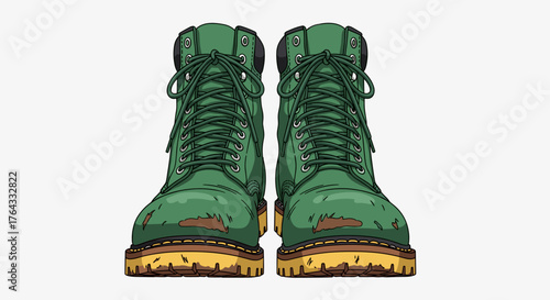 Illustration of Green Leather Work Boots Isolated on White Backdrop: Rugged Footwear for Adventure, Labor, and Outdoors; A Symbol of Hard Work and Durability; Perfect for Construction, Landscaping, an