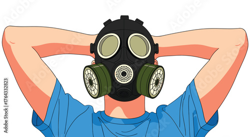 Person Relaxing with a Gas Mask in Cartoon Style, Illustration of Protection, Ready for Anything, Emergency Preparedness, Health Hazard Safety in a Modern Graphic Design with Bold Colors, Presentation