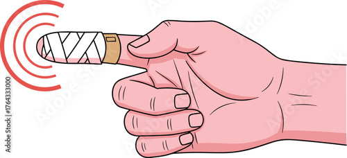 Bandaged Finger Experiencing Pain: A Cartoon Illustration of a Swollen Injured Index Finger Wrapped in Gauze, Signifying Trauma and Discomfort, Ideal for Healthcare Education and Medical Presentations