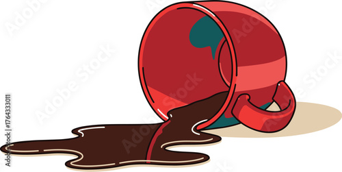 Spilled Coffee Cup on Desk Illustrating Mistake in Workplace, Overwhelmed with Work, Creating Messy Situation, Expressing Failure in Business, Relaxation Interrupted with Cartoon Style Illustration, P