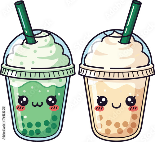 Two Cute Bubble Teas Smiling Happily: Kawaii Drinks Enjoying Life, Matcha Green Tea & Taro Boba,  Sweet Desserts for Beverage Ads, Cafe Menus, Social Media, and Restaurant Marketing. Refreshing, Fun,