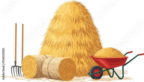 Golden Hay Bale Harvest: Transporting Wheat Straw with Pitchfork in Rural Countryside for Animal Feed and Sustainable Farming on a Sunny Day. Farm Fresh Agriculture Illustration,  Ideal for Marketing,