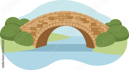 Arched Stone Bridge Crossing a Calm River in a Scenic Landscape Backdrop for Tranquil Travel Destinations, Ecotourism, and Educational Illustrations, Featuring Lush Greenery, Serene Waterscape, and De