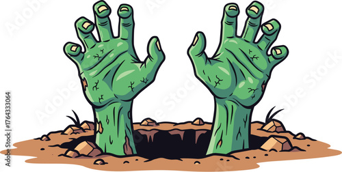 Cartoon Zombie Hands Emerging from Grave, Reaching Up – Spooky Halloween Illustration for Horror Themes, Dark Fantasy, and Occult Designs: Creepy Graveyard Scene, Undead Monster, Frightening Graphic E