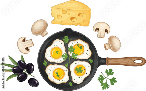 Delicious Fried Eggs Cooking in Skillet with Cheese, Mushrooms, and Olives Preparing a Nutritious Breakfast at Home, Perfect for Food Blog, Restaurant Menu, Cookbook Illustration, and Healthy Eating P