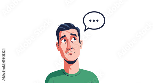 Pensive Man Contemplating Decisions with Thought Bubble in Clean White Studio: Expressing Uncertainty, Consideration, and Deliberation for Business Presentations, Healthcare Materials, and Modern Educ