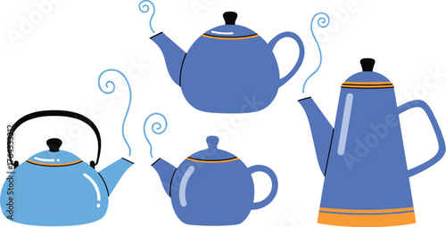 Collection of Blue Teapots Steaming, Preparing Hot Beverages in a Kitchen Setting, Emphasizing Comfort and Relaxation, Ideal for Cafe Menus, Recipe Blogs, and Tea Brand Marketing Materials, Presenting