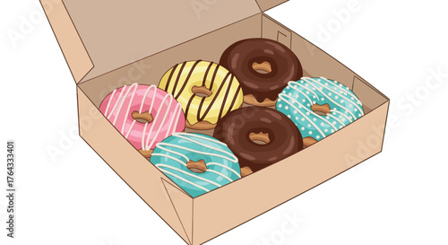 Assorted Donuts Variety in Cardboard Box Ready to Eat Delicious Treats, Colorful Iced Doughnuts for Pastry Shop, Bakery Confectionery or Sweet Desserts, Foodie Indulgence, Sweet Tooth Temptation, Cate