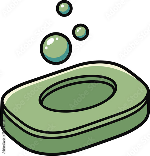 Green Soap with Bubbles: Cleansing Bar in a Bathroom Setting for Hygiene and Health, Depicting Cleanliness and Sanitation, Ideal for Healthcare Marketing and Product Presentation, Modern Graphic Illus