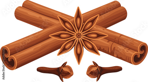 Aromatic Spices Still Life: Cinnamon Sticks, Star Anise & Cloves for Culinary Arts, Christmas Baking, Traditional Medicine & Festive Holiday Season Recipes. Warm Brown Tones, Flavorful Cooking Ingredi