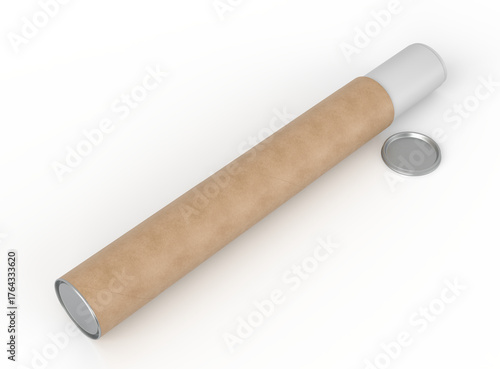 Fotografie 3D Realistic cardboard tube mockup with cap and rolled white poster inside, isolated