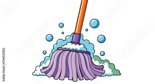 Cartoon Mop Cleaning with Bubbles and Suds: Illustration for Housekeeping, Sanitation, and Hygiene Services, Depicting Professional Cleaning, Disinfection, Maintenance, and Janitorial Work with Bright