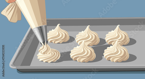 Piping Meringue Kisses onto Baking Sheet for Dessert Preparation in a Kitchen Setting for Festive Confectionery, Sweet Treats, and Culinary Arts - Creamy, Artistic, Traditional Baking, Food Prep, Fine