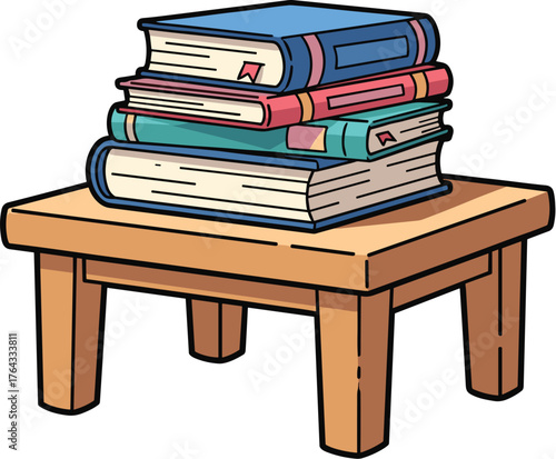 Stack of Colorful Books on Wooden Stool, Studying at Home: Education and Knowledge Resources for Students and Readers, Representing Learning, Literacy, and Library Concepts in Colorful Cartoon Style I