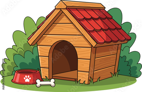 Charming Doghouse with Red Roof and Bone, Nestled by Green Bushes, Illustrating Pet Care in a Yard, Ideal for Veterinary, Animal Welfare, or Children's Book Designs, Featuring Playful Cartoon Style, B