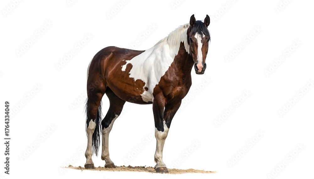 Obraz premium A striking, brown and white paint horse stands tall on a light surface, looking forward, mane and tail flowing