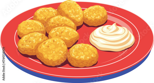 Golden Chicken Nuggets Appetizer on Red Plate with Creamy Dip Ready to Serve, a Delicious Snack for Meal, Perfect for Dinner, Party, or Lunch in Restaurant, Illustration for Menu, Graphic Design, Mode