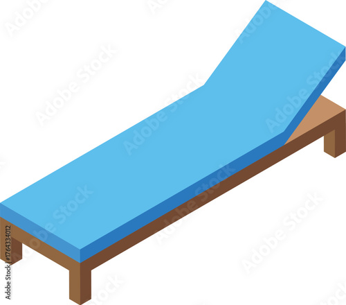 Comfortable wooden chaise lounge with light blue mattress and raised backrest, perfect for relaxing by the pool or beach