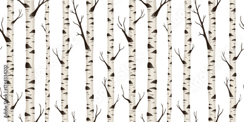 Watercolor seamless pattern of birch trees with branches on a white background. Forest nature illustration.