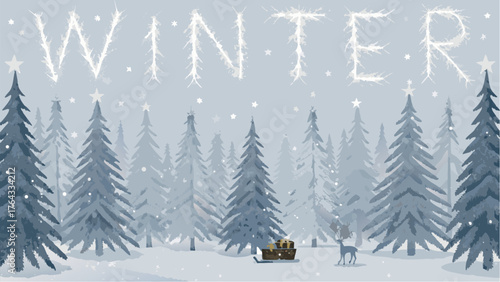 Winter scene with snowy trees and the word winter spelled out in ice above a sled and a deer in the snow