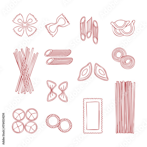 Collection of red line art pasta shapes on white background spaghetti penne
