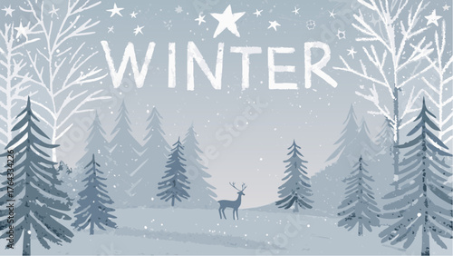 Illustration of a winter scene with deer, snow, trees, and the word winter written in white letters above it all