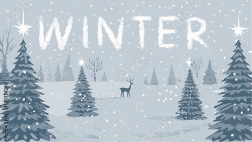 A winter scene with snow falling on evergreen trees and a deer with the word winter in the sky above trees